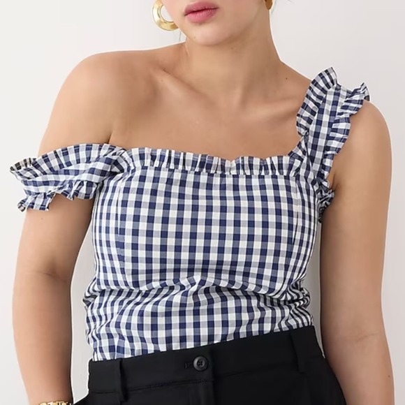 J. Crew Tops - J. Crew Ruffle Trim Stretch Cotton Top Navy and White Gingham Large BR166 New